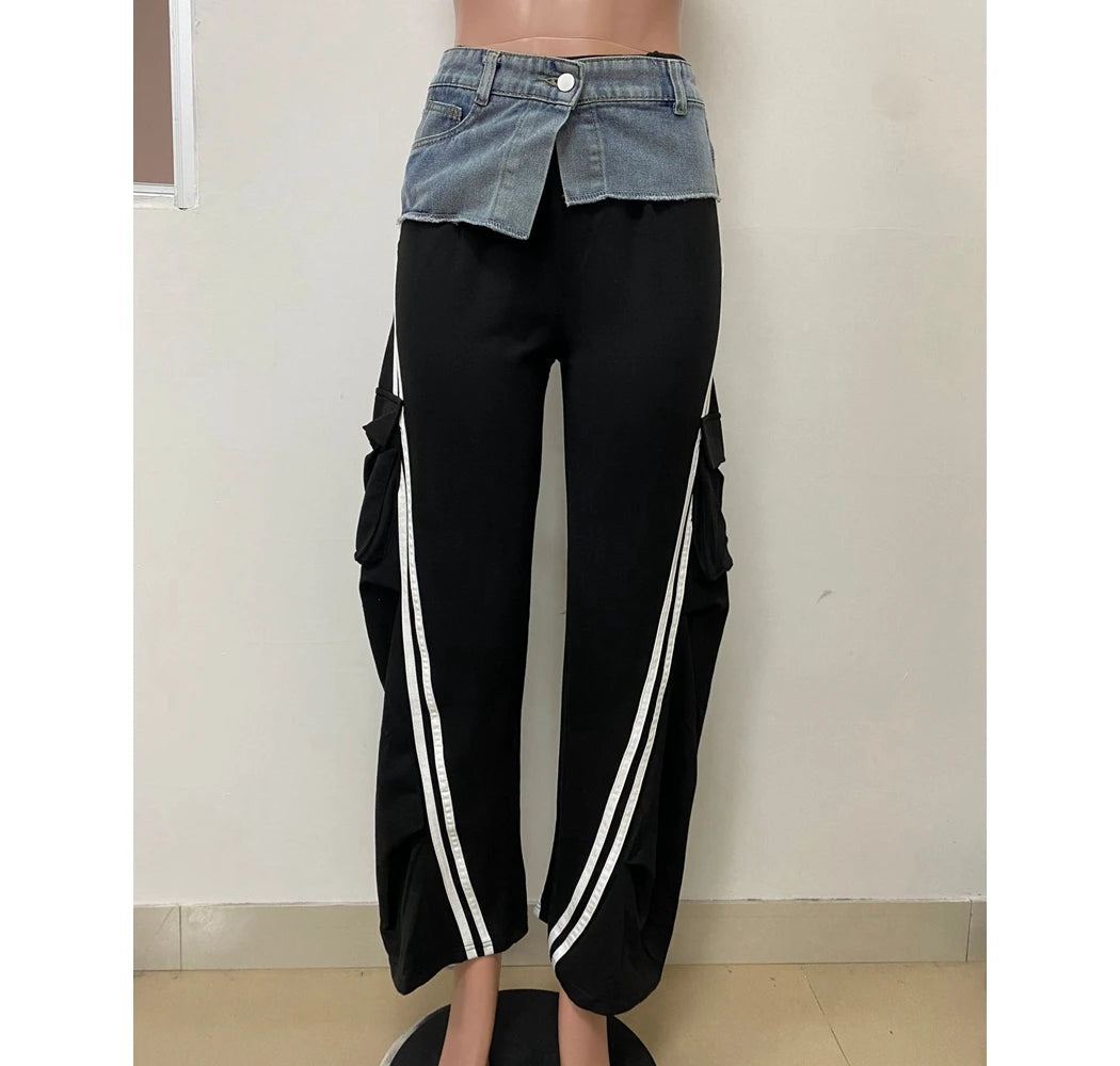 Women's Denim Patchwork Pockets Cargo Pants Side Stripes Wide Leg Casual Streetwear Sweatpants Sports Wear