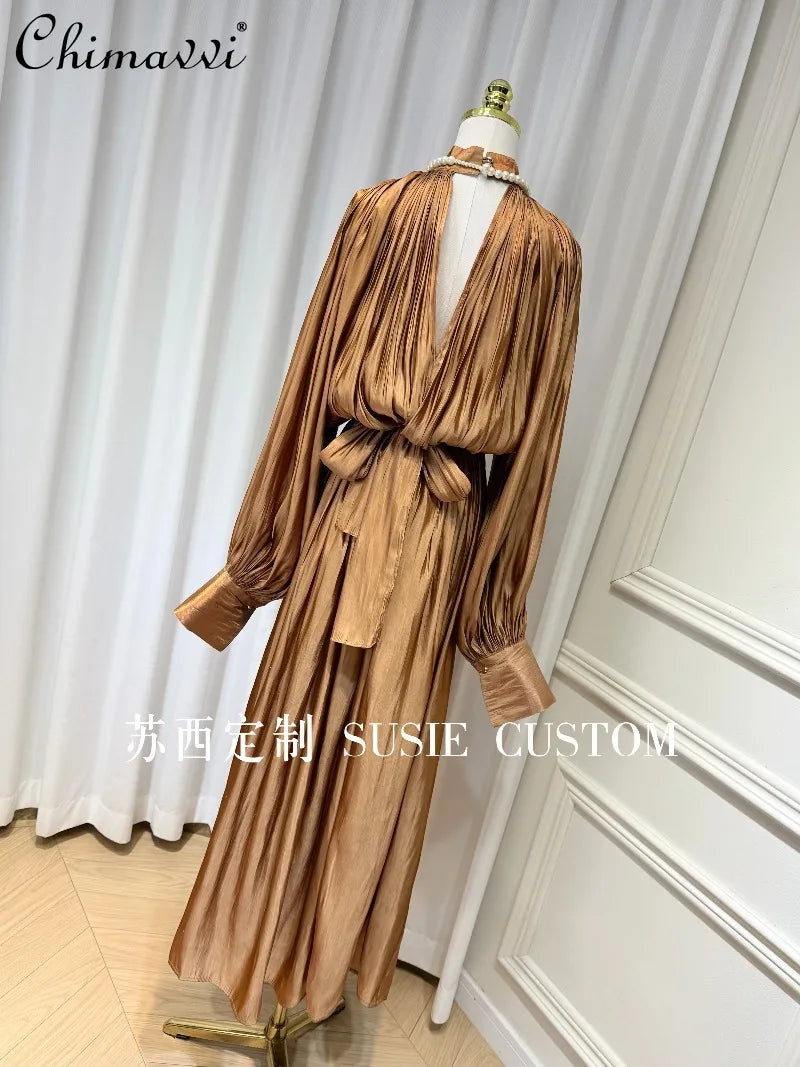 French Retro Palace Stand Collar Pleated Waist Tie Lantern Sleeves Large Swing Long Dress High Waist Elegant Vacation Dress