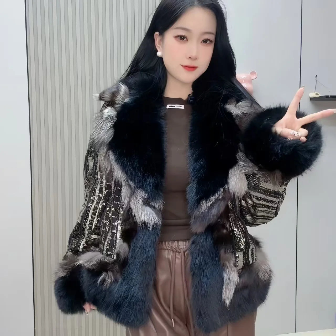Faux Fur Coats for Women,Covered ButtonJacket,Thicken Warm Female Clothes,Luxury,Fox Fur Collar,Spliced,Sequins,New, Winter