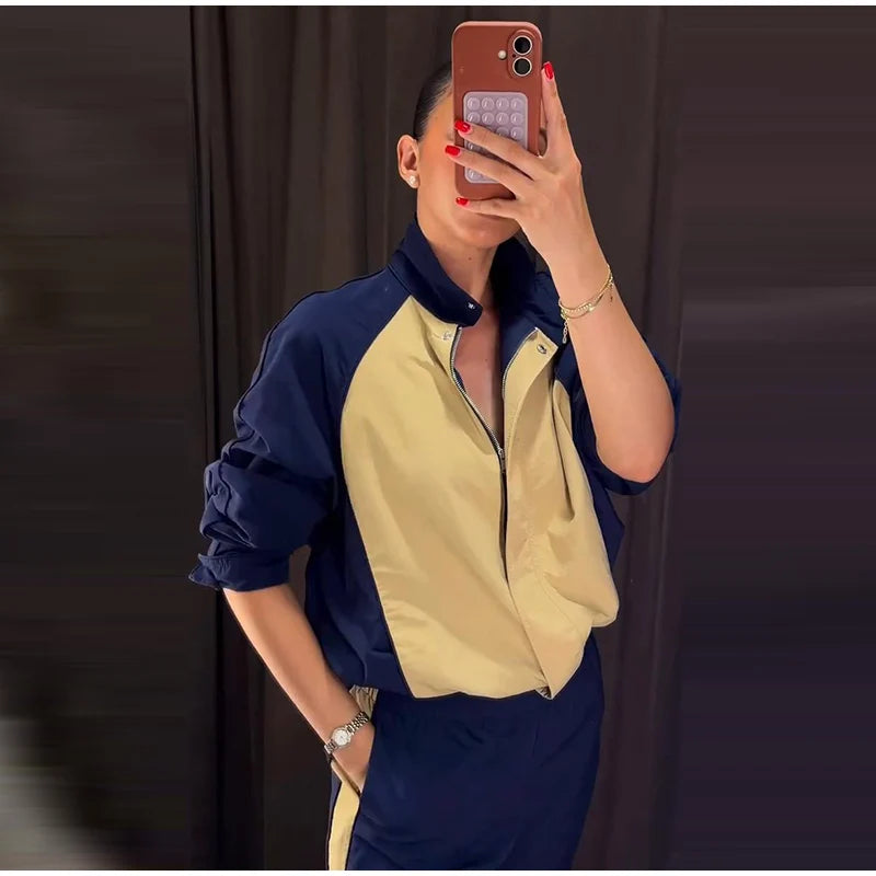 Color Block Two Piece Tracksuit With Cropped Jacket for Women