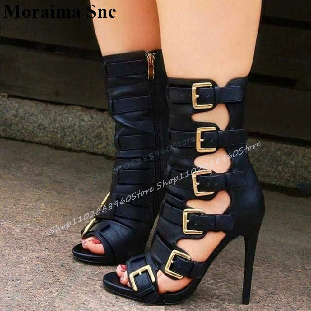 Chic Black Buckle Strap Open Toe High Heel Sandals For Women