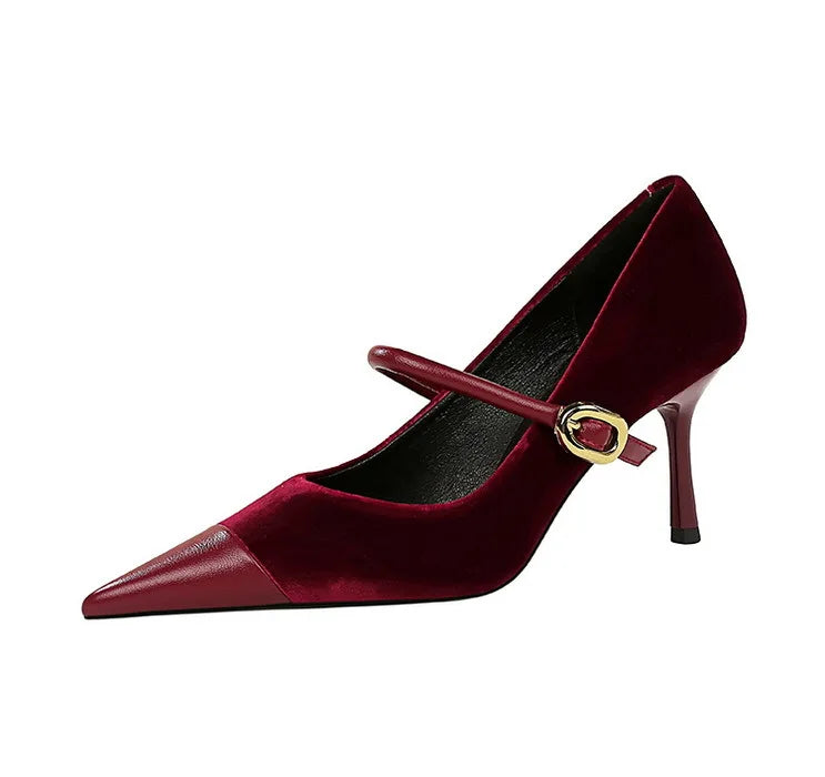 Suede Buckle Strap Pointed Toe Stiletto Pumps for Women