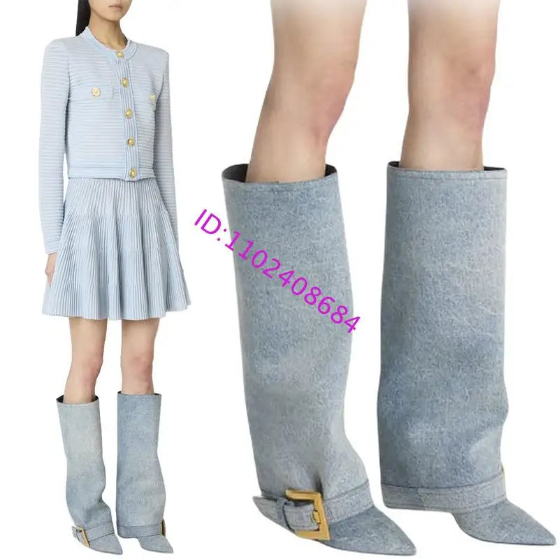 Design Women Metal High Heel Pointed Toe Belt Buckle Knee High Boots Sexy Women Pointy Gold Belt Buckle Knee Boots Plus Size 46