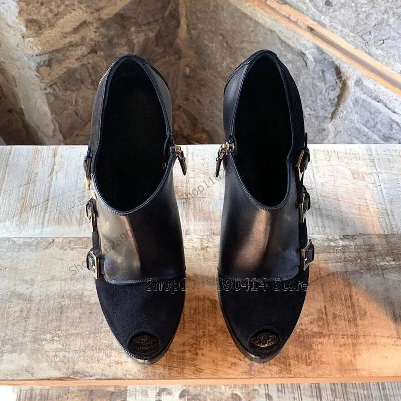 Black Patchwork Peep Toe Pumps With Side Zipper For Women