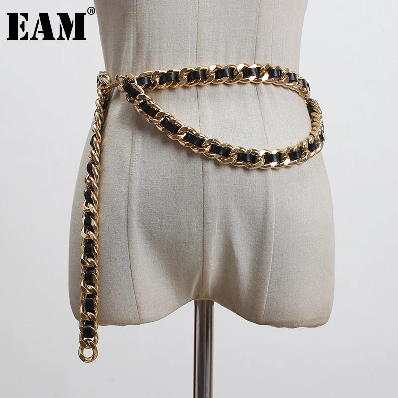 [EAM]  Pu Leather Black Metal Chain Split Joint Long Belt Personality Women New Fashion Tide All-match Spring 2025 1T186