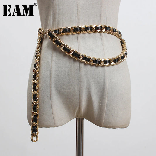 [EAM]  Pu Leather Black Metal Chain Split Joint Long Belt Personality Women New Fashion Tide All-match Spring 2025 1T186