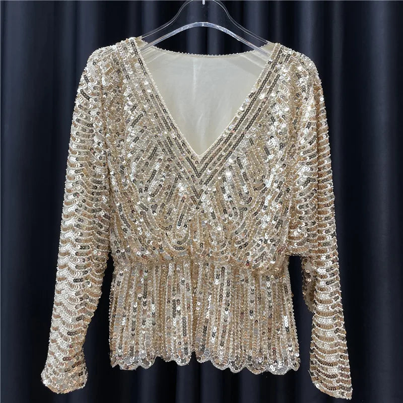 Ladies New Heavy Handmade Bling Beaded Sequins Batwing Sleeve Top Slimming Oversized Blouse Elegant Nightclub Pullover Shirts