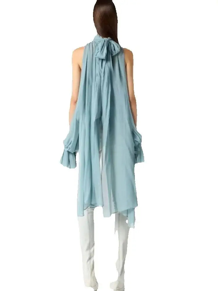 Vintage Chiffon Tiered Ruffle Sleeve Blouse with High Neck for Women