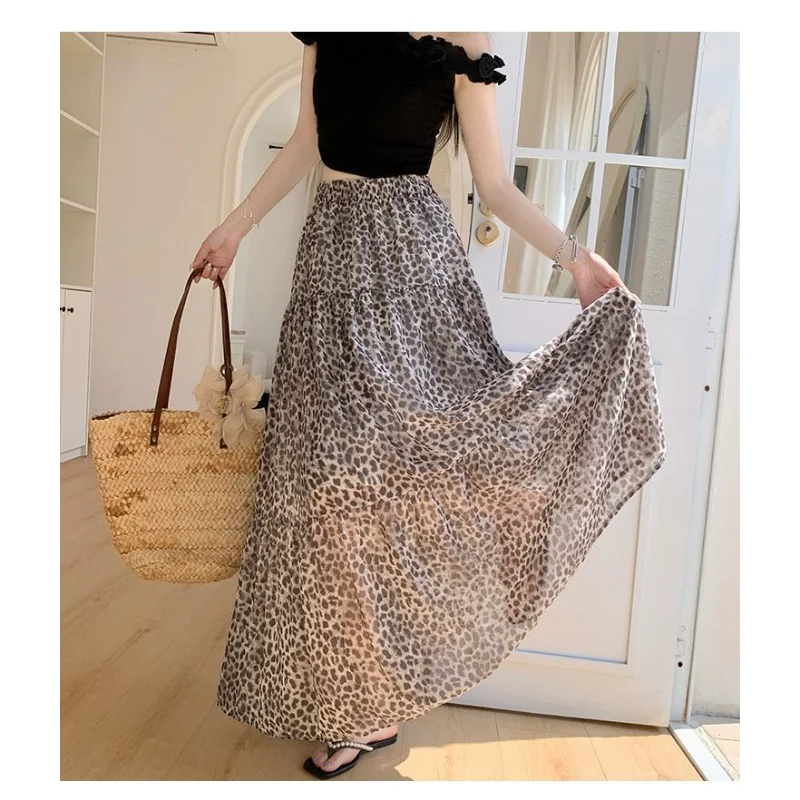 Vintage Leopard Print Tiered Maxi Skirt For Women