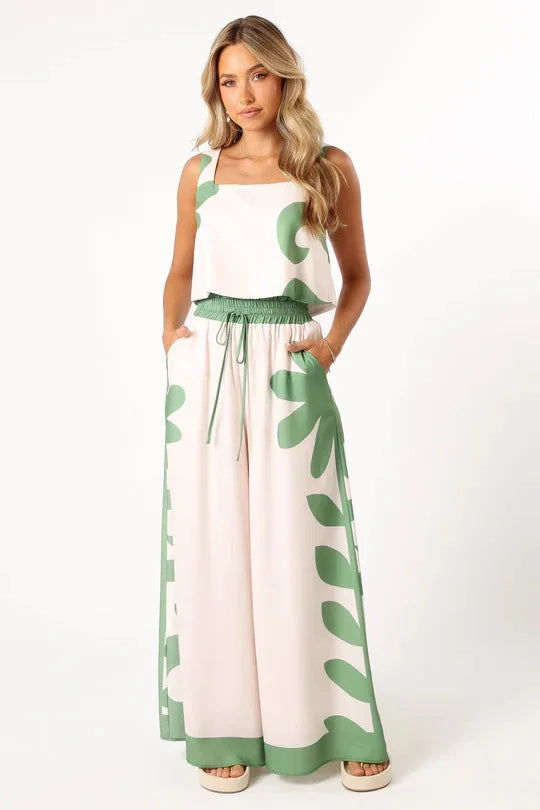 Casual Summer Print High Waist Wide Leg Two Piece Set for Women