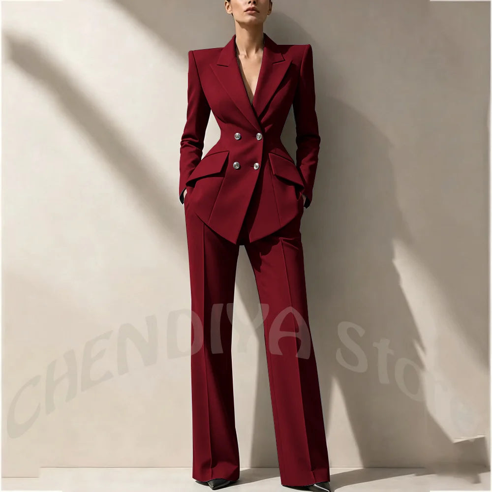 New Arrival Women's Two Piece Suit Peak Lapel Slim Fitted Classic Double Breasted Wedding Guest Evening Gala Party Female Set