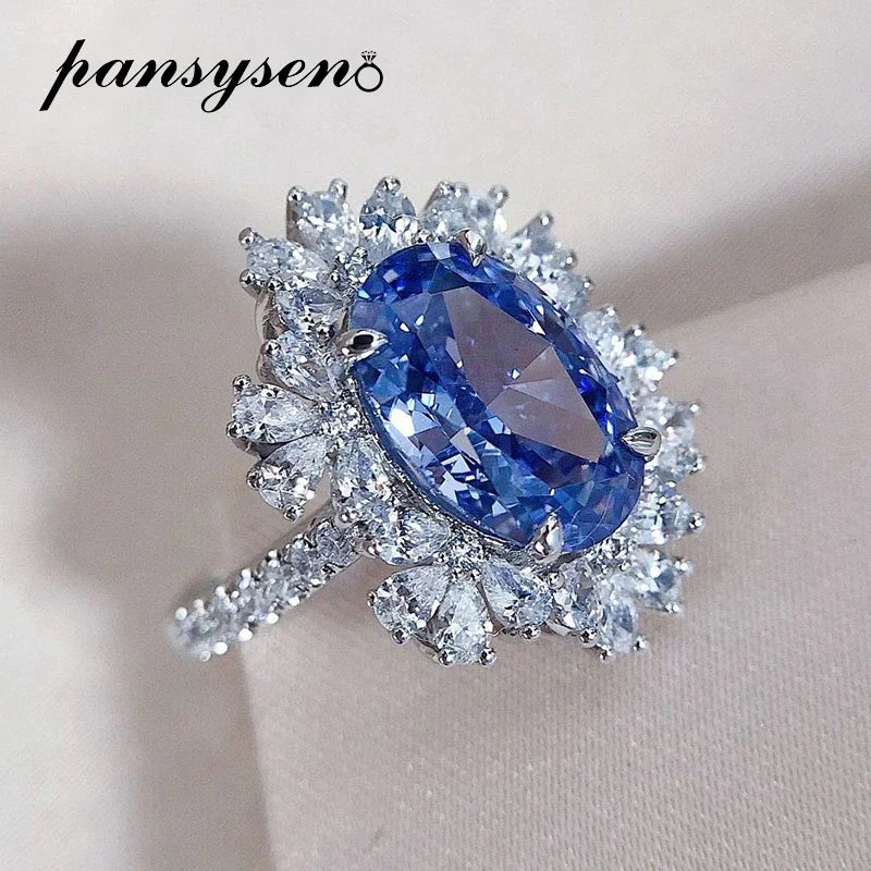 PANSYSEN Luxury 100% 925 Sterling Silver 4.5CT Oval Cut Sapphire High Carbon Diamond Ring Anniversary Party Fine Jewelry Gift