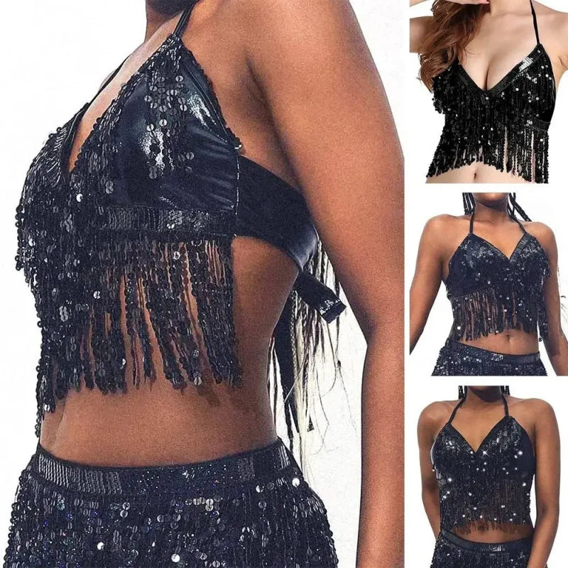 Sequined Tassel Latin Dance Crop Top and Skirt Set for Women