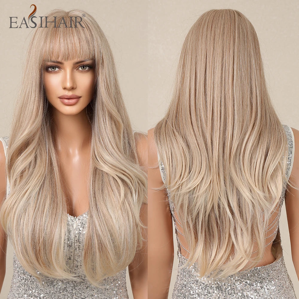 Long Wavy Black Synthetic Wig With Blonde Bangs for Women
