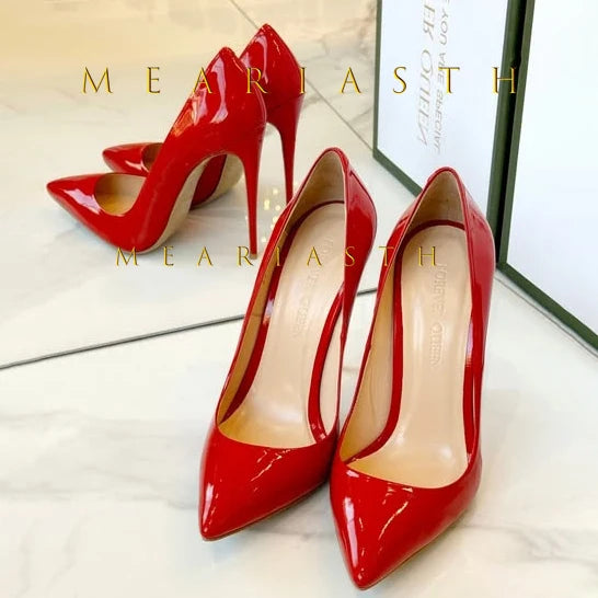 Red Patent Leather Pointed Toe Medium Heel Pumps for Women