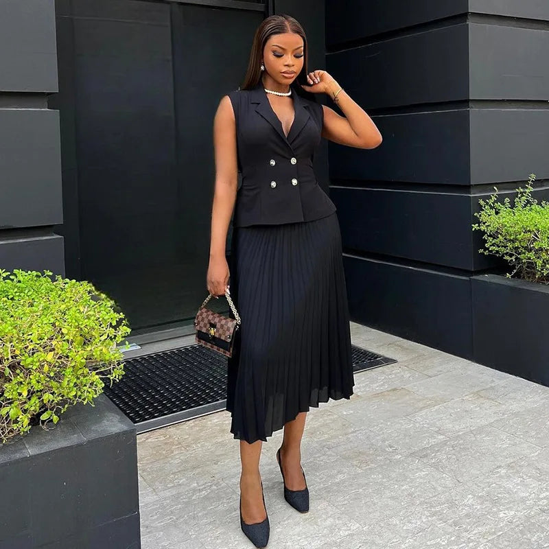 CM.YAYA Street OL Work Women's Set Sleeveless Vest Tops and Pleated Skirts Suit 2024 Summer INS Two 2 Piece Set Outfit Tracksuit