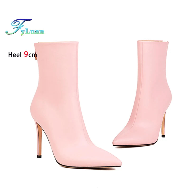 Elegant Plus Size Leather Pointed Toe High Heel Ankle Boots for Women