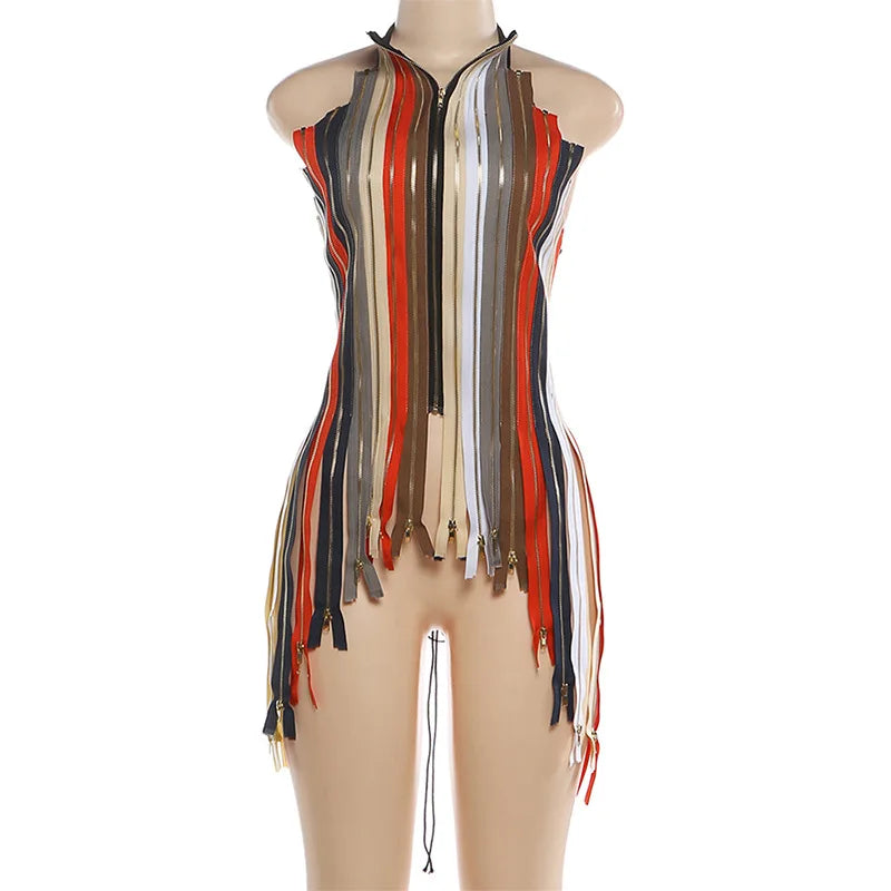 Multicolor Zipper Fringe Halter Top Backless Bodycon for Women