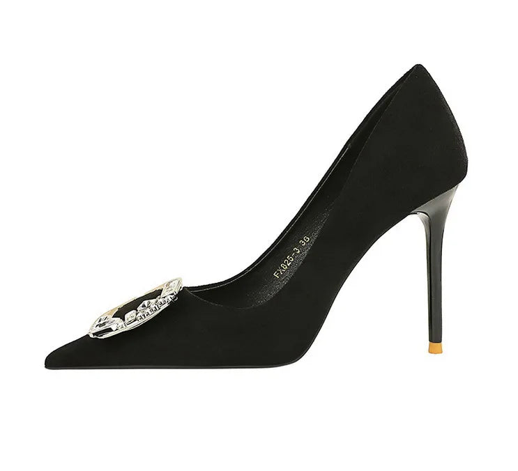 Elegant Rhinestone Buckle Suede High Heel Pumps for Women