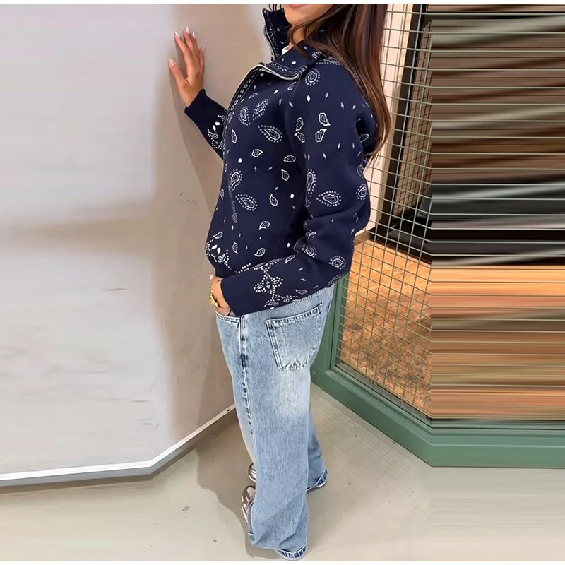 Vintage Printed Knit Stand Collar Zip Cardigan for Women