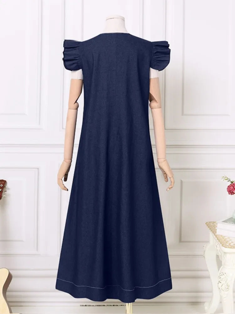 Bohemian Style V Neck Flutter Sleeve Denim Maxi Dress for Women