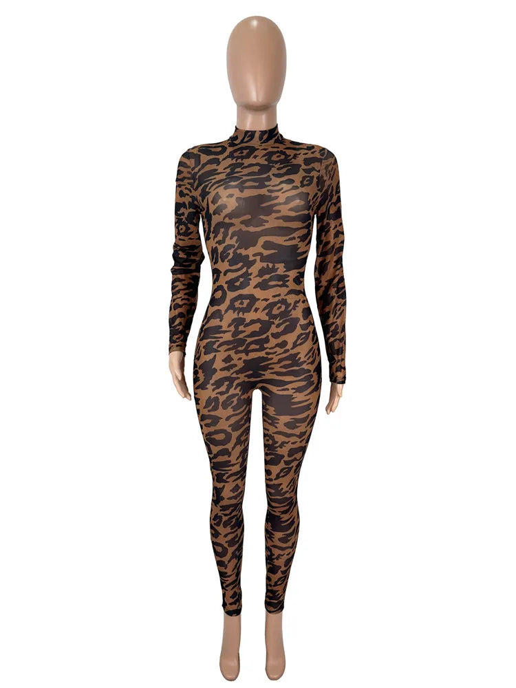 Leopard Print Mesh Flowy Long Sleeve Jumpsuit for Women