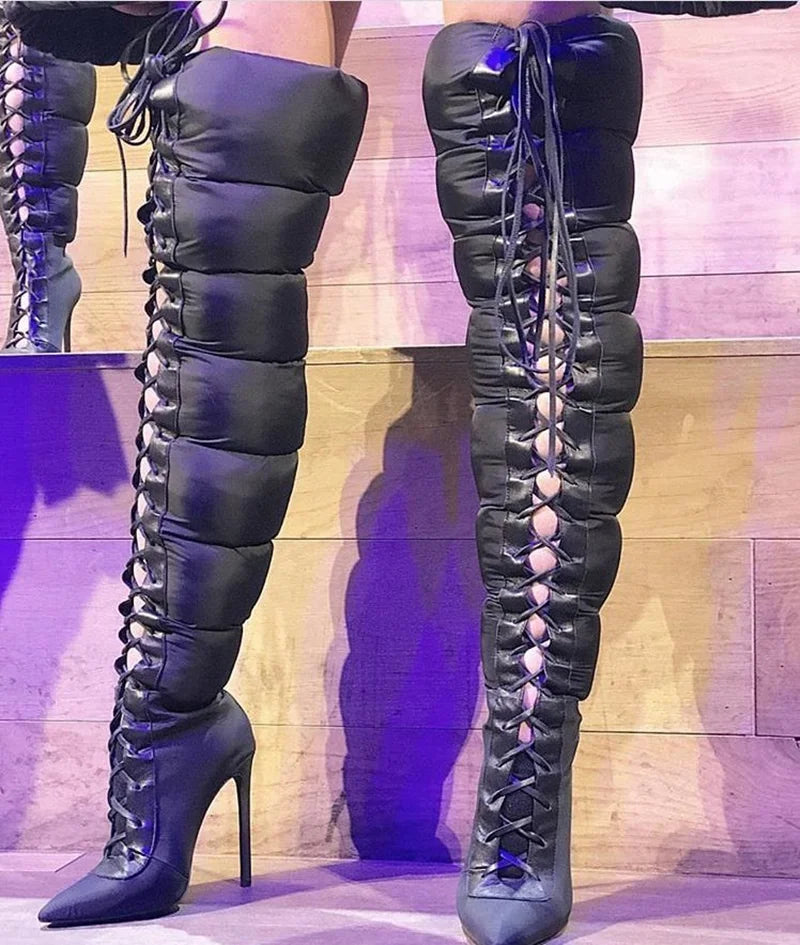 Black Over The Knee Lace Up Stiletto Boots For Women