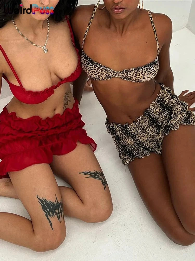 Weird Puss Leopard Print Women 2 Piece Set Sexy See Through Summer Ruffles Camisole+Shorts Vacation Matching Clubwear Outfits