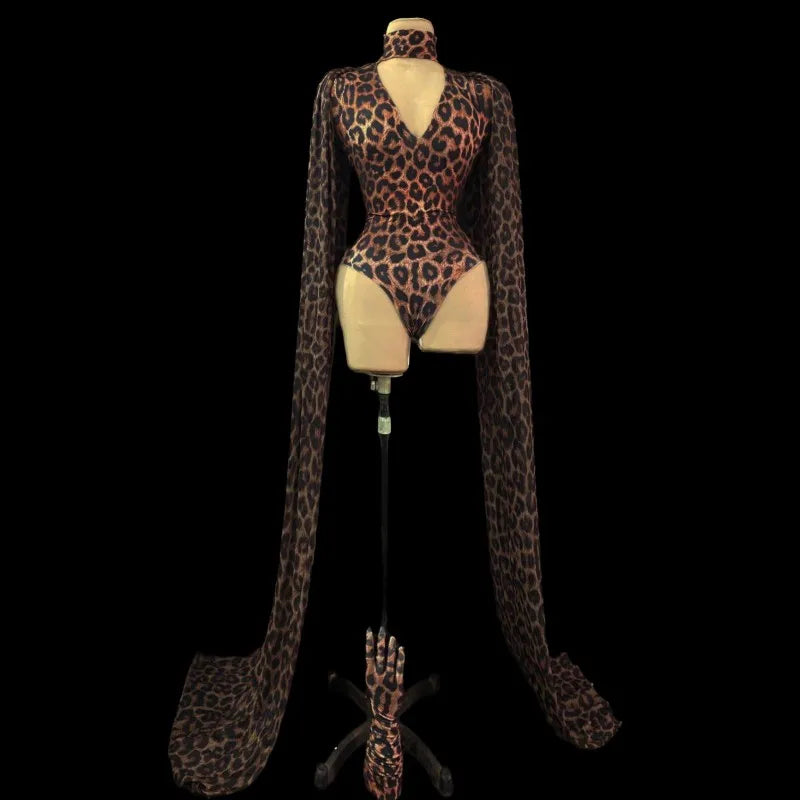 Leopard Print Stage Dance Bodysuit Costume for Women