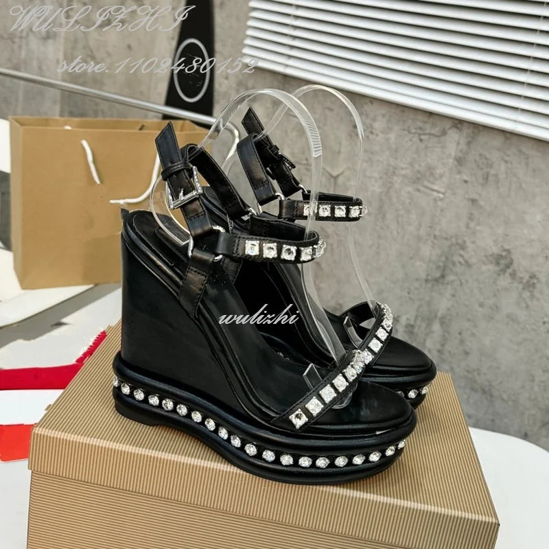 Crystal Border Purple Leather Wedge Platform Shoes for Women