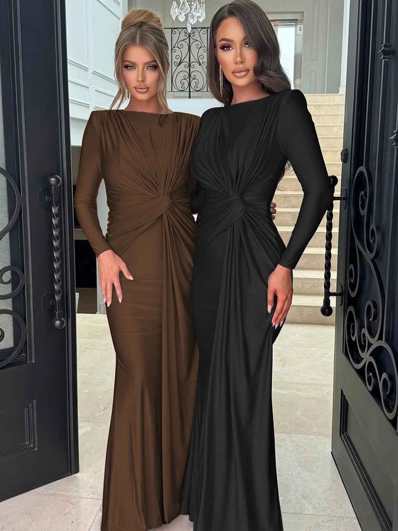 Elegant Ruched Long Sleeve Pleated Maxi Dress for Women