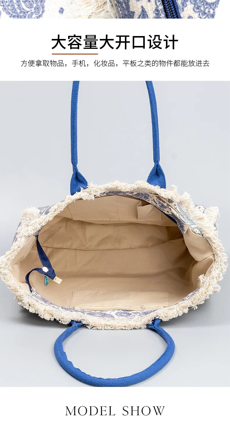 Tote bag Bohemian retro shoulder bag Zipper handbag Large capacity canvas bag Women's summer