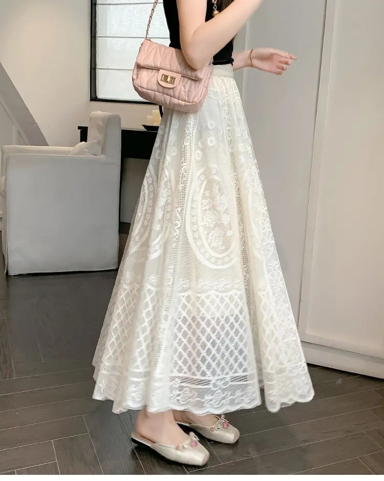 High Waisted Lace A Line Swing Midi Skirt for Women