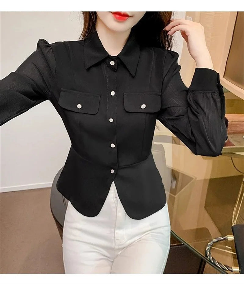 Autumn 2025 New Women Short Long-sleeved Chiffon Blouse Shirt Western-style Blouse Female  Slim Pure Colour Bottoming Shirt