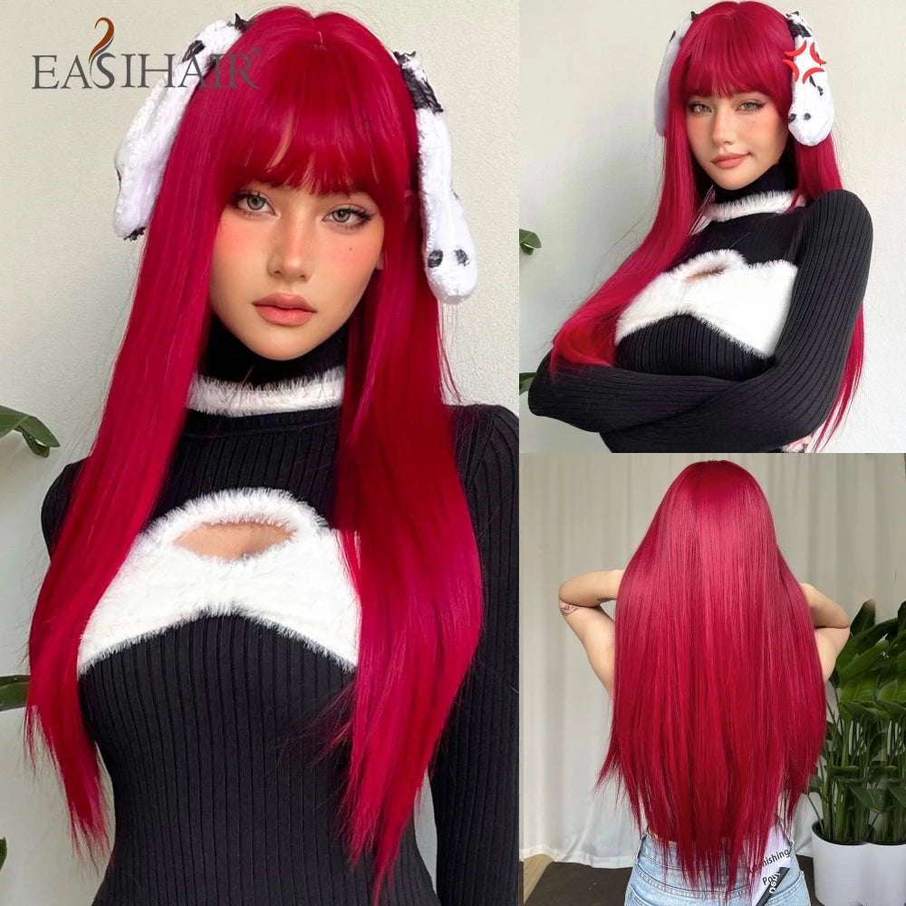 Long Straight Black Synthetic Wig With Bangs for Women