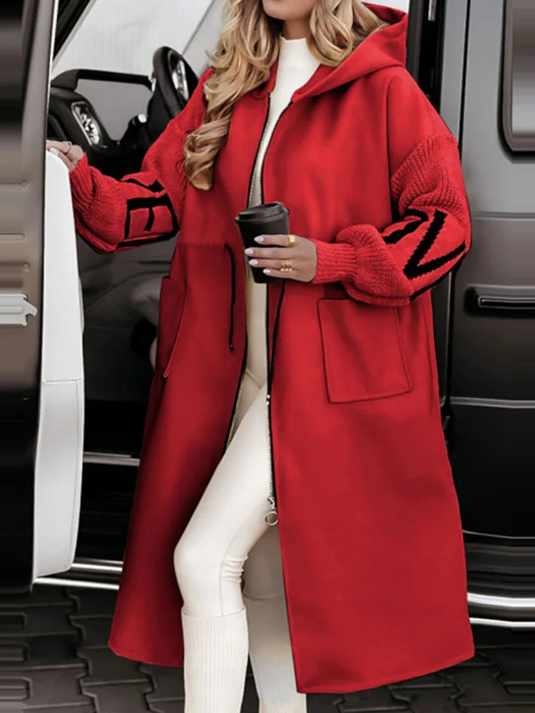 New Hooded Long Sleeve Cardigan Coat, Women Autumn Winter Simple Patchwork Zipper Jackets, Casual Lace-Up Fashion Maxi Outerwear