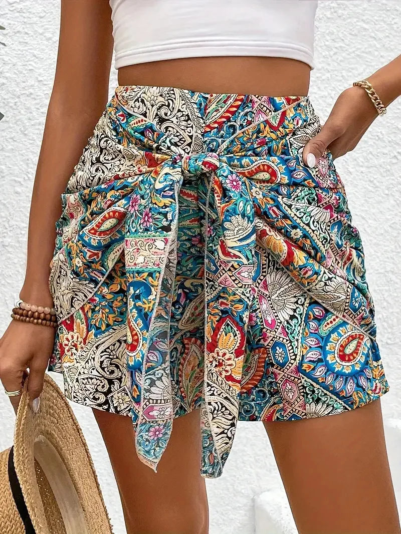 Boho Floral Print High Waist Wide Leg Shorts for Women