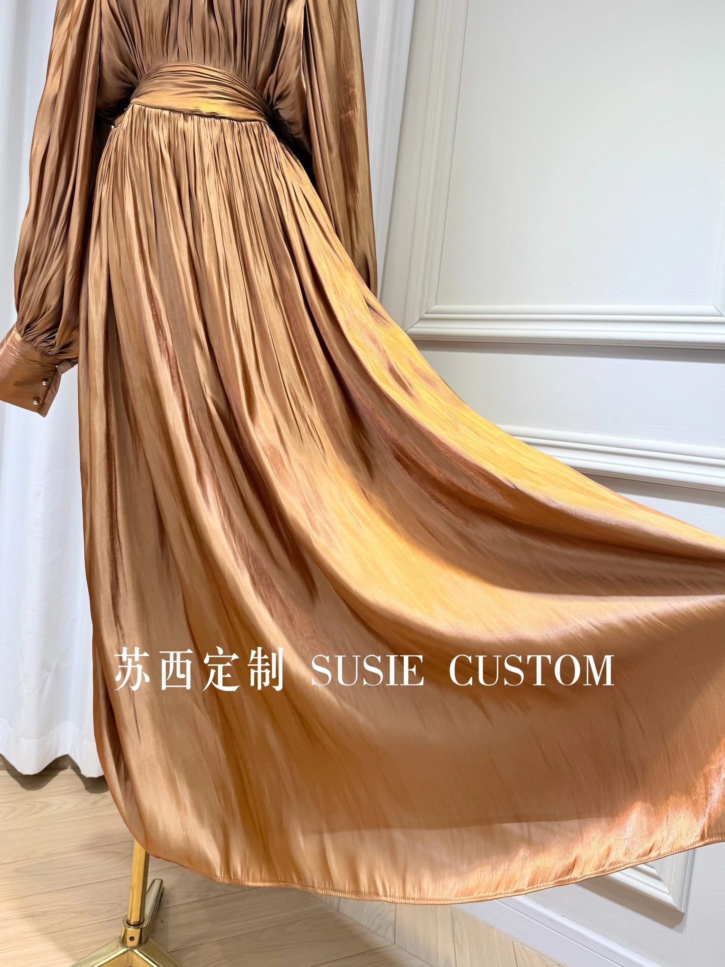 French Retro Palace Stand Collar Pleated Waist Tie Lantern Sleeves Large Swing Long Dress High Waist Elegant Vacation Dress