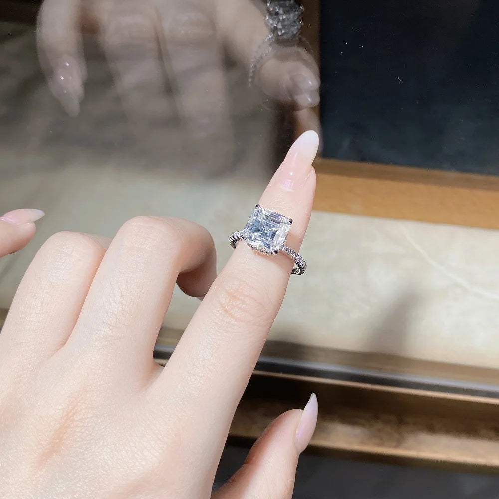 PANSYSEN Luxury 925 Sterling Silver 9*9MM Asscher Cut Real Moissanite Wedding Engagement Ring 18K White Gold Plated Fine Jewelry