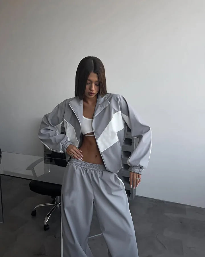 Casual Contrast Color Zipper Tracksuit Set for Women