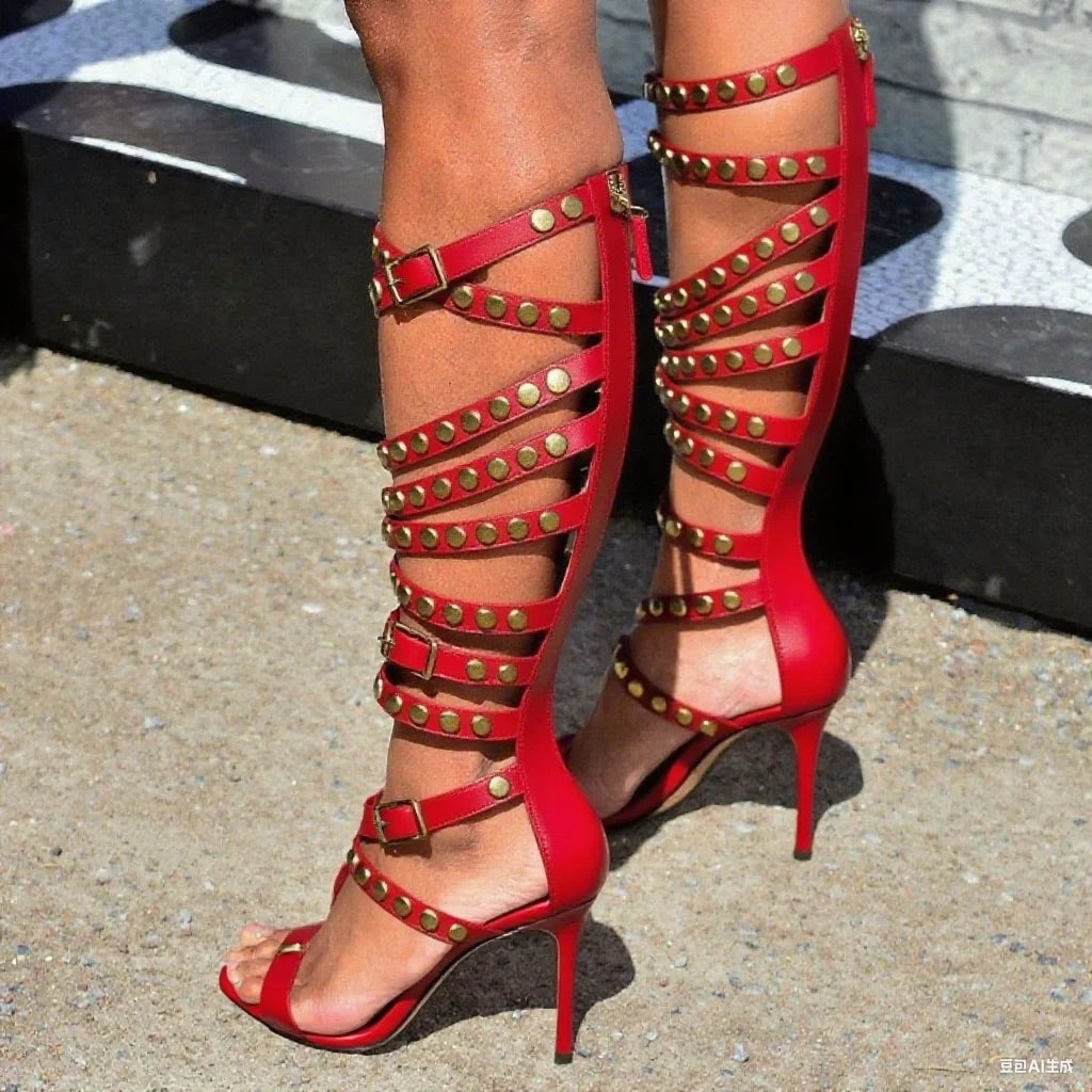Rivet Buckle Straps Open Toe Hollow Cut Cross Tied Zipper Sandals for Women