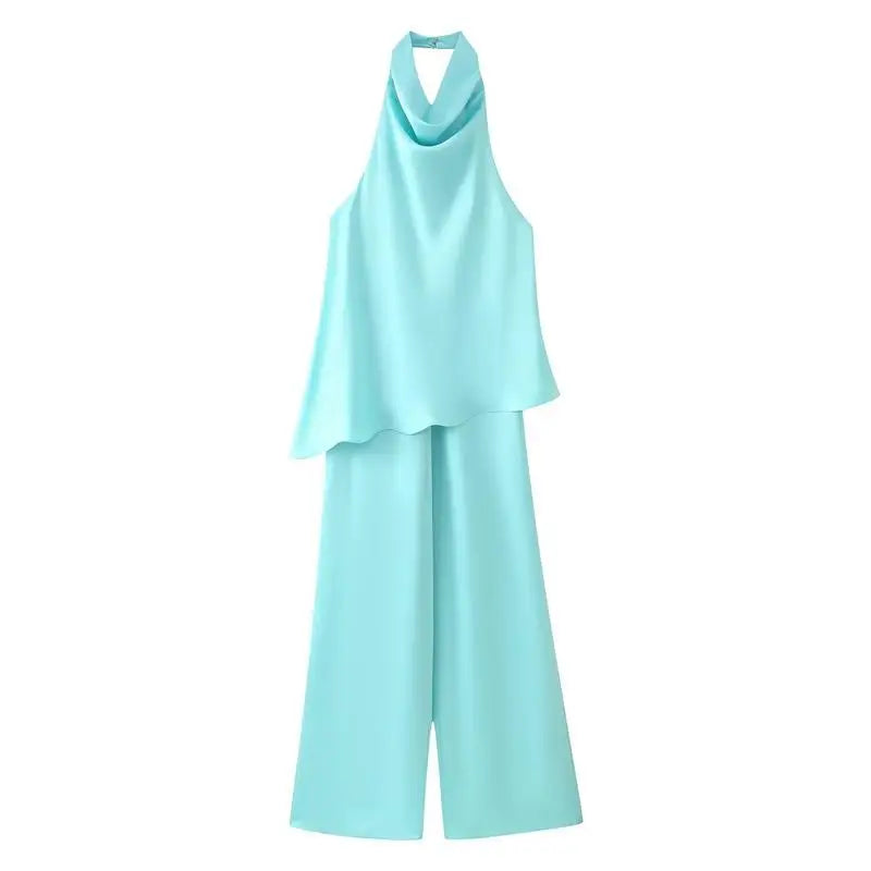 Turquoise Satin Cowl Neck Halter Top And Wide Leg Pants 2 Piece Set For Women