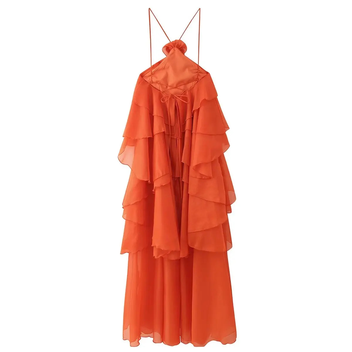 Backless 3D Flower Cascading Ruffle Halter Maxi Dress For Women
