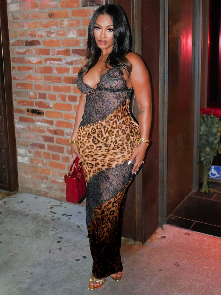 Weird Puss Mesh Patchwork Mermaid Dress Women Leopard Print Sexy Low-Neck Cleavage Backless Ruched Midnight Fashion Long Bodycon