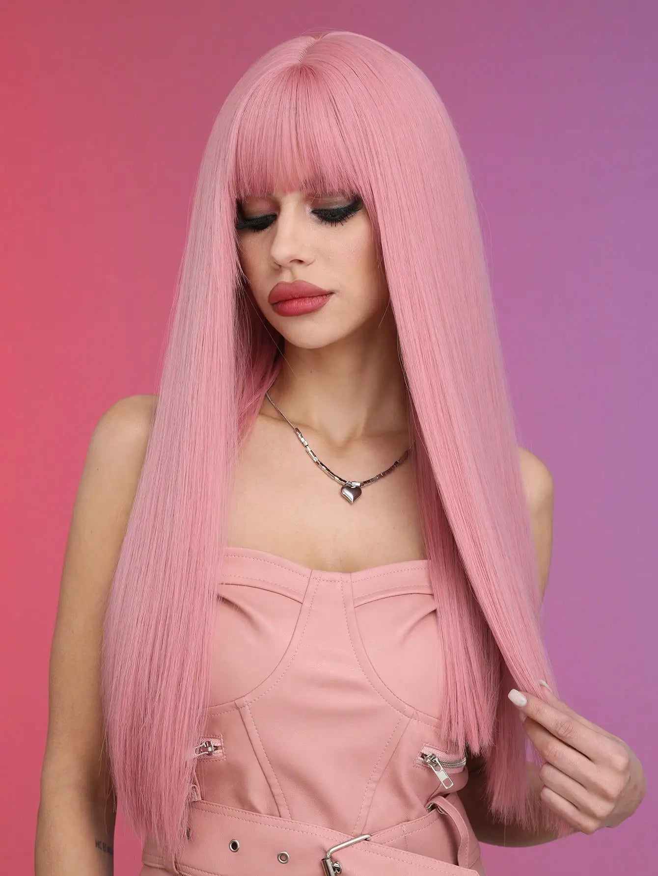 Long Straight Pink Heat Resistant Synthetic Wig With Bangs For Women