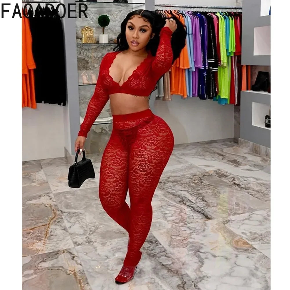 Lace Sheer Two Piece Set With Deep V Crop Tops for Women