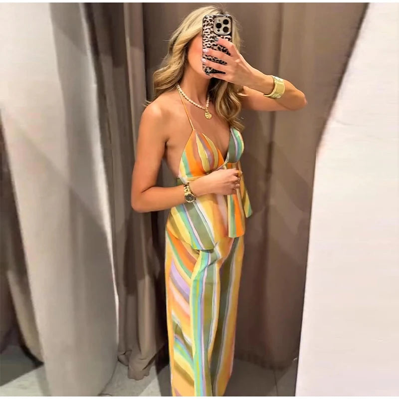 Cotton Striped High Waist Two Piece Summer Set For Women