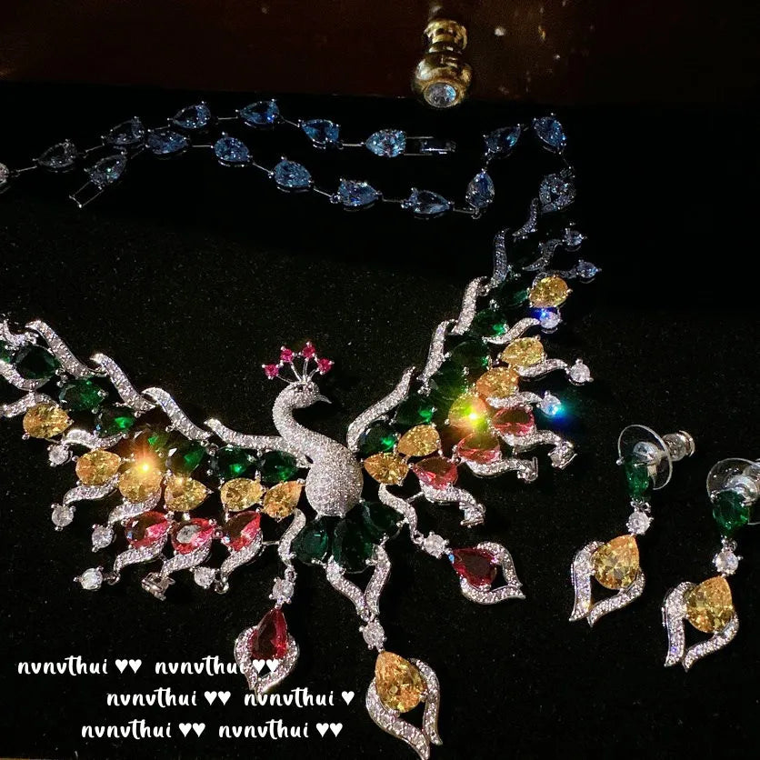Sparkling Peacock Zircon Necklace and Earring Set for Women
