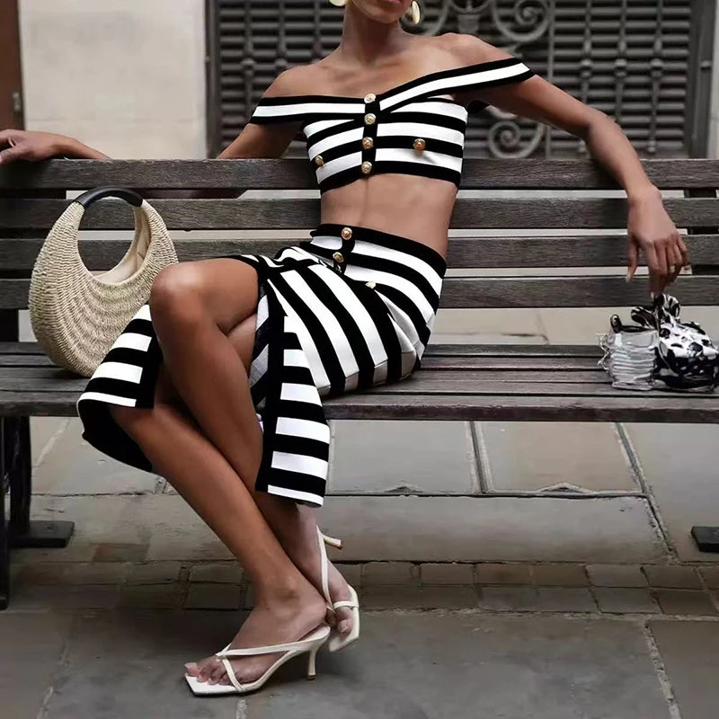 Striped Off Shoulder Sleeveless Two Piece Set For Women