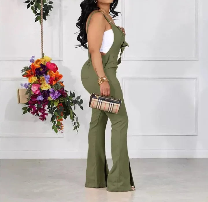 Elegant Long Jumpsuit Woman Streetwear Fashion 2024 Summer New Fashion Casual Pocket Design Slit Suspender Sexy Bodysuit Pants